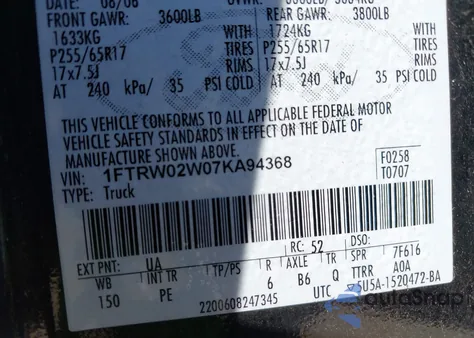 2007 Ford F-150 Xlt z USA, uszkodzony, nr VIN 1FTRW02W07KA94368